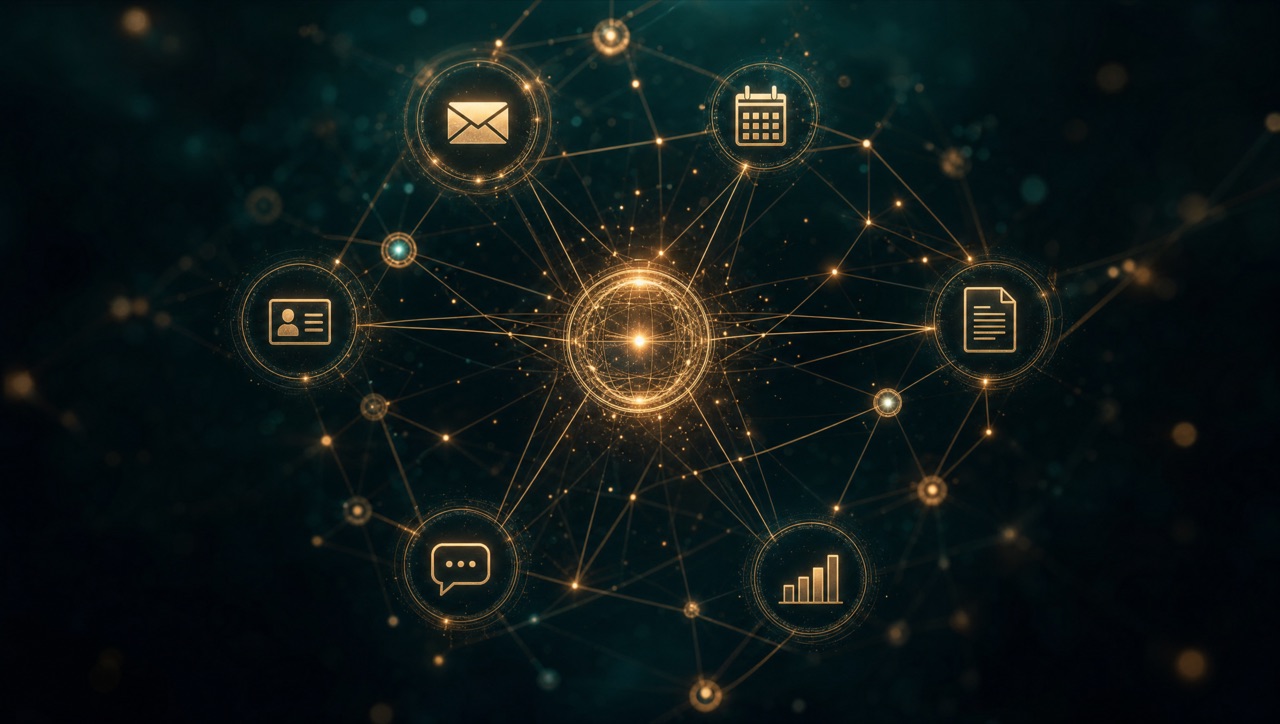 Business tools wired into one glowing intelligence layer.